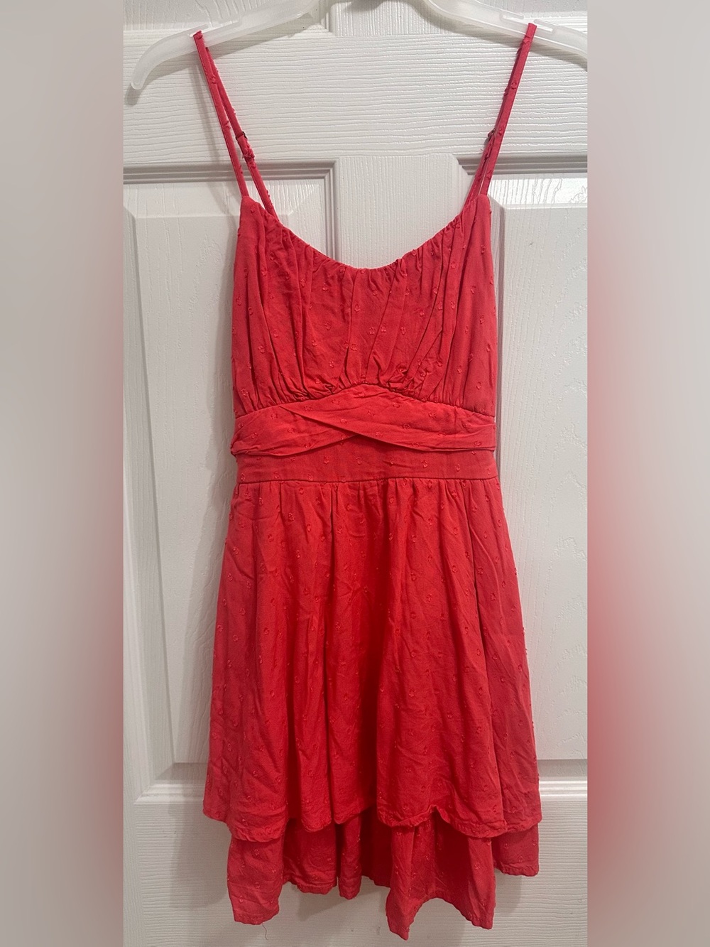 Japna Womens Smocked Back Spaghetti Strap Tiered Mini Dress Coral Red Small
